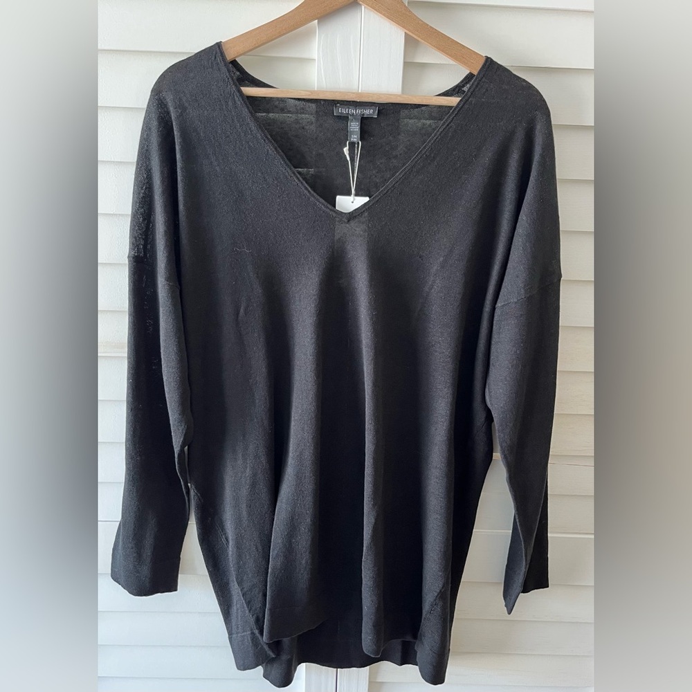 Eileen Fisher Organic Linen Cotton Long Sleeve Black V-Neck Tunic Small/Medium
